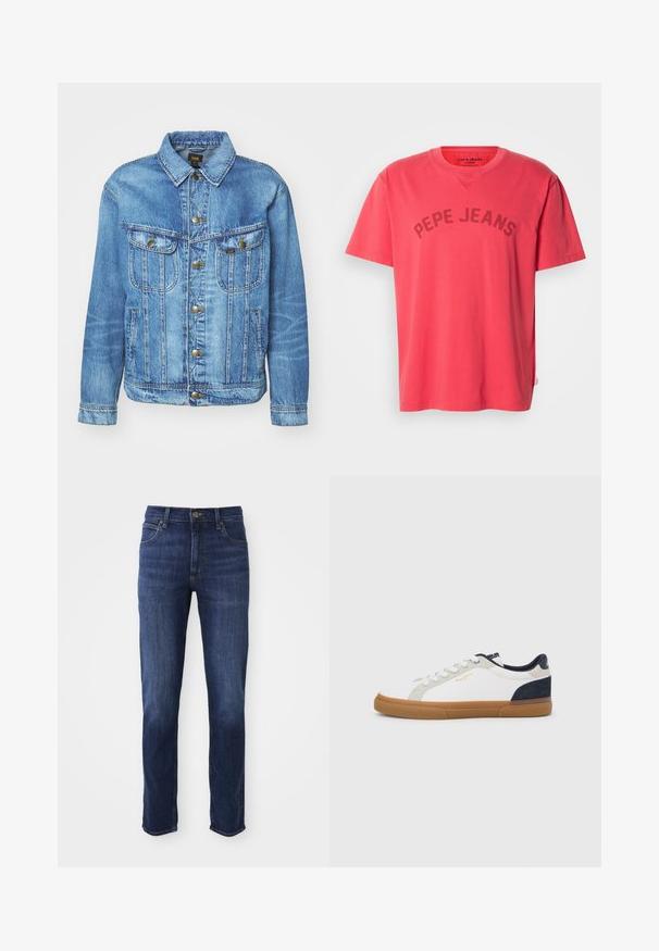 Veste en denim bleu clair au design classique, avec fermeture à boutons, deux poches poitrine et col classique. Texture douce, style décontracté.; T-shirt en coton corail à manches courtes et col rond. Présente l'inscription "PEPE JEANS" imprimée en lettres foncées sur la poitrine.; Jean en denim bleu foncé avec une coupe droite, comprenant un design classique à cinq poches et un fermoir à bouton en métal. Détails de décoloration subtils sur le tissu.; Baskets en toile blanche avec des accents en suède bleu marine et gris. Comprend une semelle en caoutchouc naturel, un embout arrondi et un design classique à lacets.