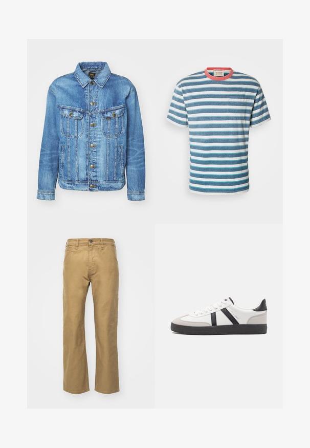 Lyseblå denimjakke med klassisk design, der har knaplukning, to brystlommer og en krave. Blød tekstur, afslappet stil.; Scotch & Soda STRIPE POCKET - T-shirts print - off white harbour teal multicolour; Khaki bukser lavet af bomuld. Lige pasform med en talje og forlommer. Har en enkelt baglomme og diskrete syninger.; Hvide sneakers med sorte og grå detaljer, med en tekstureret grå tåhætte, sort gummisål og flade hvide snørebånd. Rent design, minimalistisk stil.