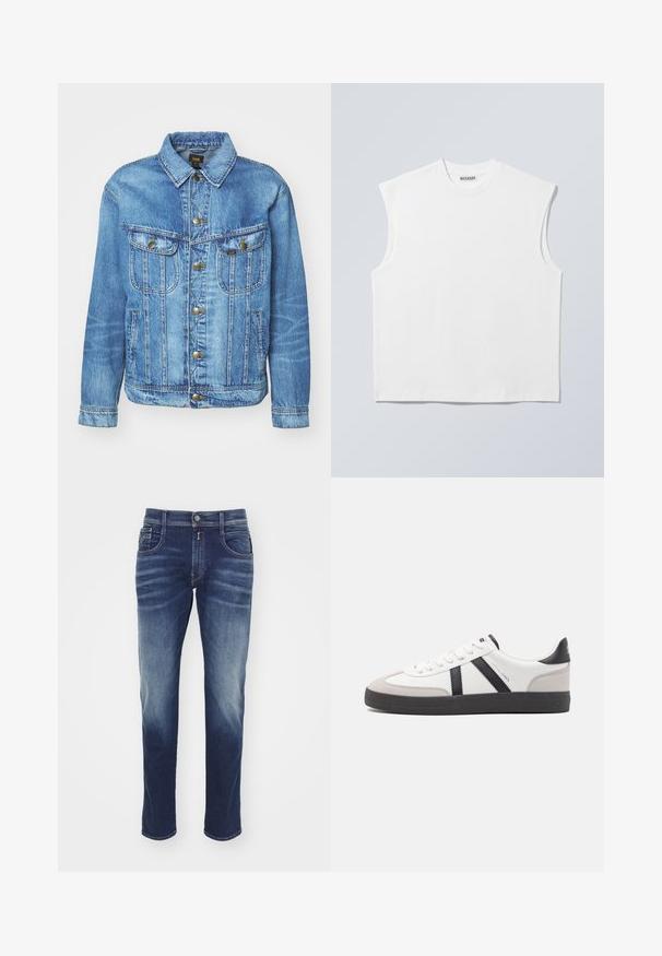 Lyseblå denimjakke med klassisk design, der har knaplukning, to brystlommer og en krave. Blød tekstur, afslappet stil.; Hvid ærmeløs bomulds top med rund hals og markerede skulderpartier, mærket "WEEKDAY" på halsmærket, vist på lys grå baggrund.; Mørkeblå denim jeans med lige ben, let slidte områder, fem lommer, knaplukning og syede detaljer langs sømmene.; Hvide sneakers med sorte og grå detaljer, med en tekstureret grå tåhætte, sort gummisål og flade hvide snørebånd. Rent design, minimalistisk stil.