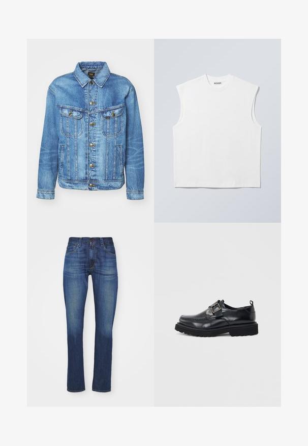 Lyseblå denimjakke med klassisk design, der har knaplukning, to brystlommer og en krave. Blød tekstur, afslappet stil.; Hvid ærmeløs bomulds top med rund hals og markerede skulderpartier, mærket "WEEKDAY" på halsmærket, vist på lys grå baggrund.; Mørkeblå denim jeans i slim fit med et klassisk femlommersdesign, der har lynlås og knaplukning samt subtil slidtegn.; Sort læderloafer med tyk sål og sølvspændebånd på siden mod hvid baggrund.