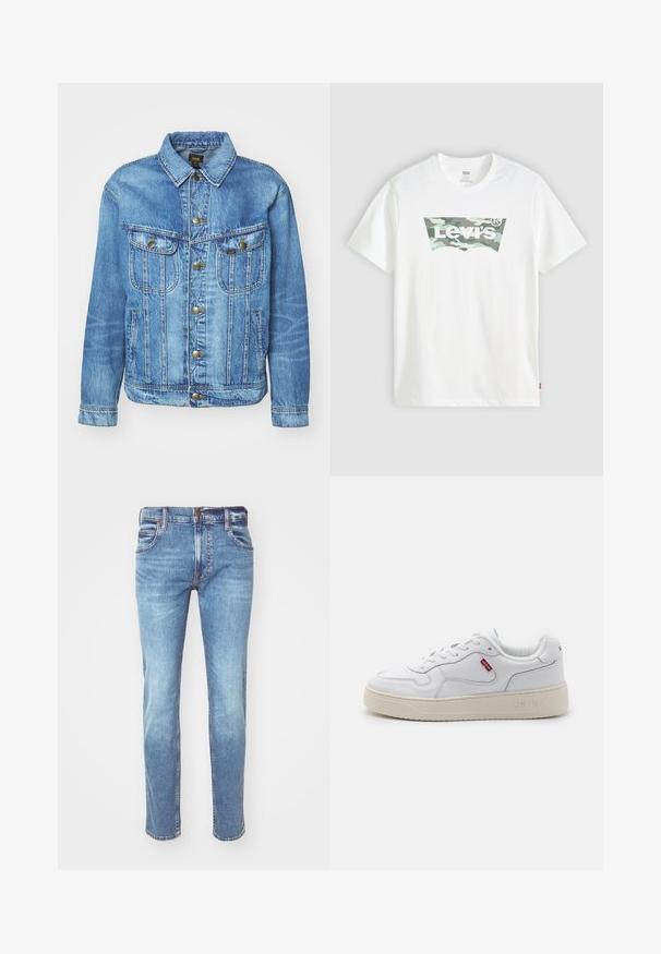 Chaqueta de mezclilla azul claro con un diseño clásico, con cierre de botones, dos bolsillos en el pecho y cuello con solapa. Textura suave, estilo casual.; Camiseta blanca de manga corta con un logo de camuflaje verde y gris de Levi's impreso en el pecho sobre un fondo gris claro.; Jeans de mezclilla azul claro con corte recto, diseño de cinco bolsillos y costuras en contraste, exhibiendo un acabado desgastado y un corte clásico.; Zapatilla blanca de cuero con superficie texturizada, puntera redonda y suela de goma beige. Presenta el logo rojo de Levi's en el lateral y cuello acolchado.