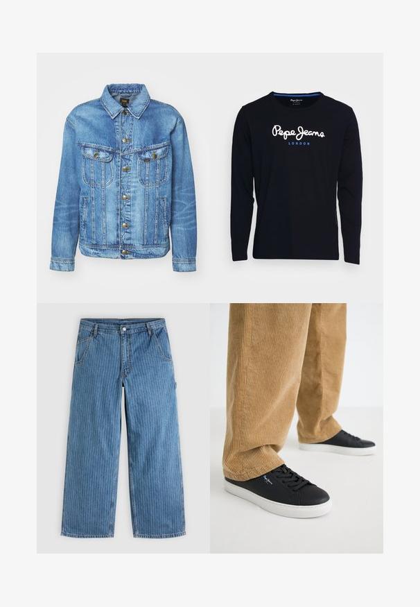 Lyseblå denimjakke med klassisk design, der har knaplukning, to brystlommer og en krave. Blød tekstur, afslappet stil.; Langærmet sort t-shirt lavet af bomuldsstof, med hvid og blå logo tekst "Pepe Jeans London" centreret på brystet.; Blå vidde jeans med tynde hvide lodrette nålestriber, forlommer, bæltestropper og knaplukning i taljen.; Sorte lædersneakers med hvide gummisåler. Båret med tanfarvede corduroybukser med vertikale ribber og en afslappet pasform.