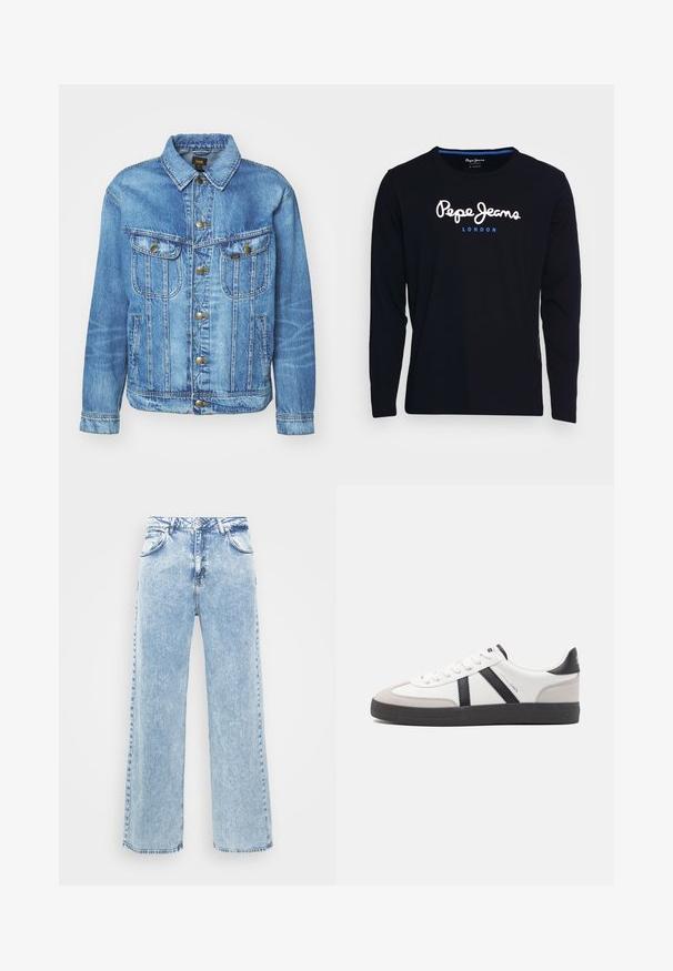 Veste en denim bleu clair au design classique, avec fermeture à boutons, deux poches poitrine et col classique. Texture douce, style décontracté.; T-shirt noir à manches longues en tissu de coton, avec le texte de logo blanc et bleu "Pepe Jeans London" centré sur la poitrine.; Jeans en denim bleu clair avec un design à jambes larges, cinq poches et une fermeture à bouton. Présente un léger délavage et des coutures contrastées.; Baskets blanches avec des accents noirs et gris, présentant un embout texturé gris, une semelle en caoutchouc noir et des lacets plats blancs. Design épuré, style minimaliste.