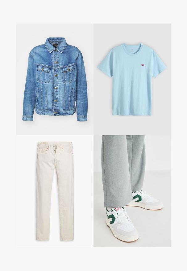 Hellblauer Denimjacke im klassischen Design, mit Knopfverschluss, zwei Brusttaschen und einem Kragen. Weiche Textur, lässiger Stil.; Hellblaues T-Shirt mit kurzen Ärmeln und Rundhalsausschnitt mit kleinem rotem Levi's-Logo auf der linken Brust.; Helle, hoch geschnittene Slim-Fit-Jeans in Off-White mit Knopfverschluss, fünf Taschen und kupferfarbenen Nieten, flach auf einem weißen Hintergrund gelegt.; Weiße und grüne Sneakers aus glattem Leder und Wildleder, mit einem auffälligen grünen Logo-Akzent und weißen Schnürsenkeln. Graue Hosen sind teilweise sichtbar.