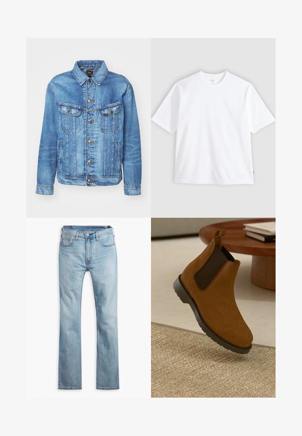 Lyseblå denimjakke med klassisk design, der har knaplukning, to brystlommer og en krave. Blød tekstur, afslappet stil.; Hvid t-shirt med korte ærmer lavet af bomuld, med rund hals og lige snit. Mærke synligt på den nederste side af kanten.; Lyseblå denim jeans, lige pasform, med fem lommer, kontrastsyning og knaplukning i taljen.; Brune læder Chelsea støvle med sorte elastiske sidelapper, rund tå, tekstureret gummisål og et lille trækstykke bagpå.