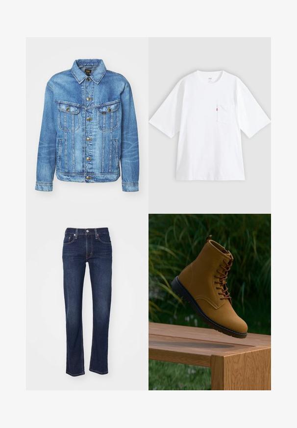 Lyseblå denimjakke med klassisk design, der har knaplukning, to brystlommer og en krave. Blød tekstur, afslappet stil.; Hvid bomulds-T-shirt med korte ærmer, rund hals og lomme på venstre bryst. Har en lille rød logoetiket på lommen.; Mørkeblå denim jeans med lige benudskæring, der har et traditionelt fem-lomme design og syede detaljer ved sømmene.; Brune ruskinds ankelstøvle med brune snørebånd, en sort gummisål og en glat finish, vist over en træoverflade mod grønne omgivelser.