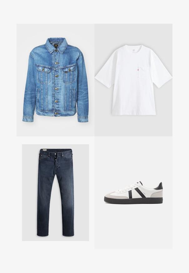 Hellblauer Denimjacke im klassischen Design, mit Knopfverschluss, zwei Brusttaschen und einem Kragen. Weiche Textur, lässiger Stil.; Weißes Baumwoll-T-Shirt mit kurzen Ärmeln, rundem Ausschnitt und Brusttasche auf der linken Seite. Mit kleinem rotem Logotag an der Tasche.; Dunkelblaue Denim-Jeans mit geradem Bein, ausgestattet mit einem Reißverschluss, Metallknöpfen und Kupfernieten. Glatte Textur, keine sichtbaren Muster.; Weiße Sneaker mit schwarz- und grau-aczenten, ausgestattet mit einer strukturierten grauen Zehenkappe, schwarzer Gummi-Sohle und flachen weißen Schnürsenkeln. Sauberes Design, minimalistische Stil.