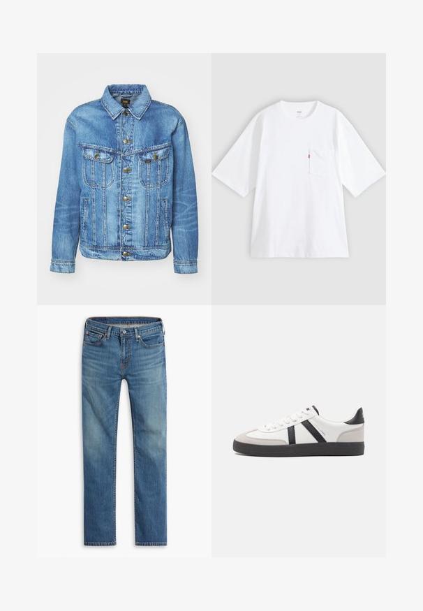 Lyseblå denimjakke med klassisk design, der har knaplukning, to brystlommer og en krave. Blød tekstur, afslappet stil.; Hvid bomulds-T-shirt med korte ærmer, rund hals og lomme på venstre bryst. Har en lille rød logoetiket på lommen.; Blå straight-leg denim jeans med frontknap og lynlåslukning, fem-lomme design og subtilt falmede områder på lår og knæ.; Hvide sneakers med sorte og grå detaljer, med en tekstureret grå tåhætte, sort gummisål og flade hvide snørebånd. Rent design, minimalistisk stil.