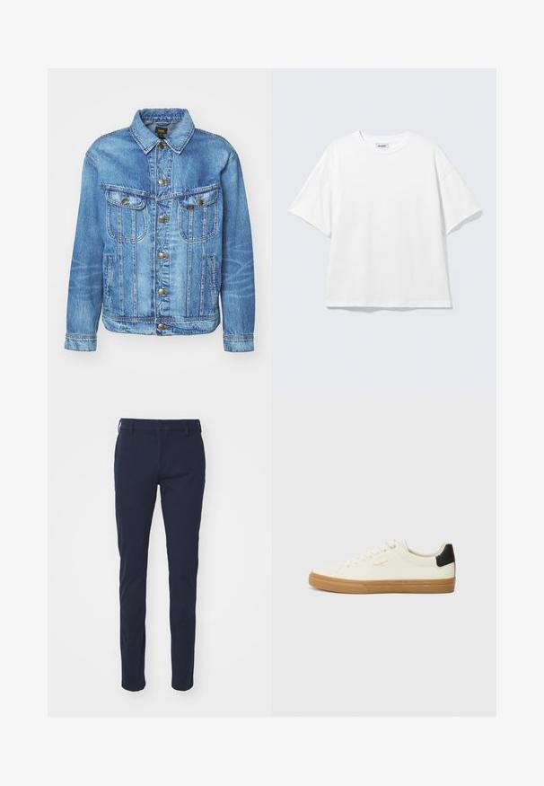 Veste en denim bleu clair au design classique, avec fermeture à boutons, deux poches poitrine et col classique. Texture douce, style décontracté.; T-shirt blanc oversize à manches courtes, col rond, épaules tombantes, posé à plat sur fond gris clair.; Pantalon bleu marine avec une texture lisse, design ajusté, passants de ceinture, fermeture à bouton et poches avant. Sans motifs ni accents visibles.; Sneaker en toile blanche avec une semelle en gomme, accent au talon noir, bout rond et design à lacets. Présente le logo de la marque en doré sur le côté.