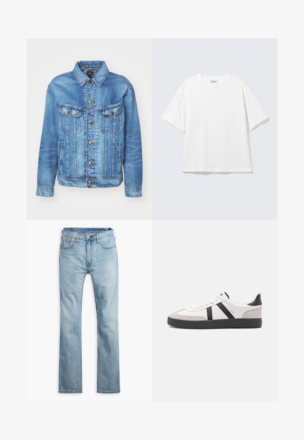 Lichtblauwe denimjas met een klassiek ontwerp, voorzien van een knoopsluiting, twee borstzakken en een kraag. Zachte textuur, casual stijl.; Witte oversized T-shirt met korte mouwen, ronde hals en verlaagde schouders, plat op een lichtgrijze achtergrond.; Lichtblauwe denim jeans, rechte pijpen, met vijf zakken, contrasterende stiksels en een knoopsluiting bij de tailleband.; Witte sneaker met zwarte en grijze accenten, voorzien van een grijze neus met textuur, zwarte rubberen zool en platte witte veters. Schoon ontwerp, minimalistische stijl.