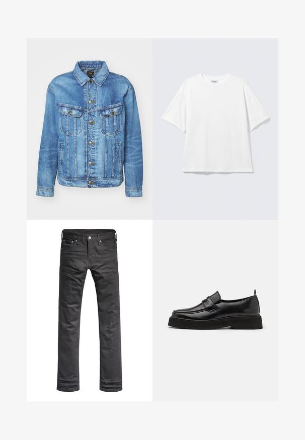 Light blue denim jacket with a classic design, featuring button closure, two chest pockets, and a collared neckline. Soft texture, casual style.; White oversized short-sleeve crew neck t-shirt with dropped shoulders, flat on light gray background.; Black denim jeans with a classic straight-leg design. Features front pockets, a button fly, and subtle stitching details.; Black leather loafer-style shoes with a flat, textured sole, featuring a stitched toe and a strap across the instep.