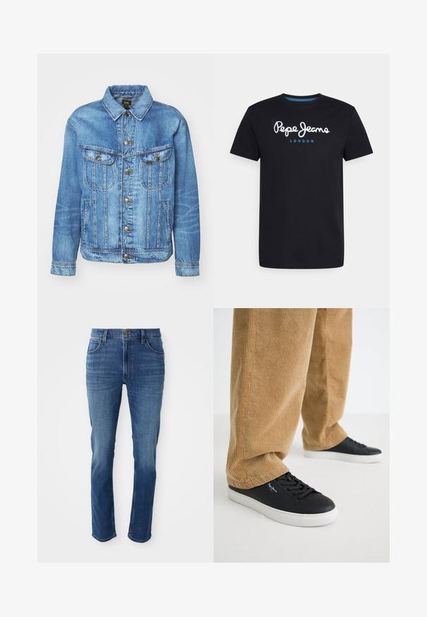 Lichtblauwe denimjas met een klassiek ontwerp, voorzien van een knoopsluiting, twee borstzakken en een kraag. Zachte textuur, casual stijl.; Zwart katoenen T-shirt met een witte scriptlogo "Pepe Jeans" en een blauwe accent, ronde hals en korte mouwen. Eenvoudig, solide ontwerp.; Blauwe spijkerbroek met een rechte snit, vijf zakken en een rits. Heeft subtiele vervaging en contraststiksels langs de naden.; Zwarte leren sneakers met witte rubberen zolen. Draagt een paar tan corduroy broeken met verticale ribbels en een ontspannen pasvorm.