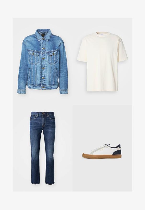 Veste en denim bleu clair au design classique, avec fermeture à boutons, deux poches poitrine et col classique. Texture douce, style décontracté.; T-shirt uni à col rond, à manches courtes, de couleur blanc cassé, design unisexe, présenté sur un fond gris neutre.; Jean bleu foncé avec une coupe droite. Les caractéristiques incluent une fermeture éclair, des poches avant et un léger décoloration au niveau des cuisses. Fabriqué en tissu denim.; Baskets en toile blanche avec des accents en suède bleu marine et gris. Comprend une semelle en caoutchouc naturel, un embout arrondi et un design classique à lacets.