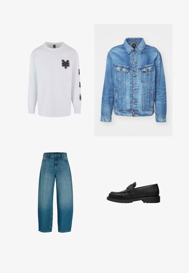 Veste en denim bleu clair au design classique, avec fermeture à boutons, deux poches poitrine et col classique. Texture douce, style décontracté.; T-shirt à manches longues blanc en coton, avec des graphiques style peinture en spray noire sur la poitrine gauche et la manche. Design classique à col rond.; Jean en denim bleu à jambes larges avec fermeture avant par boutons et zipper, passants pour ceinture et poches latérales, présentant un léger délavage au niveau des cuisses.; Mocassin en cuir noir avec dessus cousu, détail de bride cloutée et semelle épaisse à crampons, présenté en profil latéral sur fond blanc.