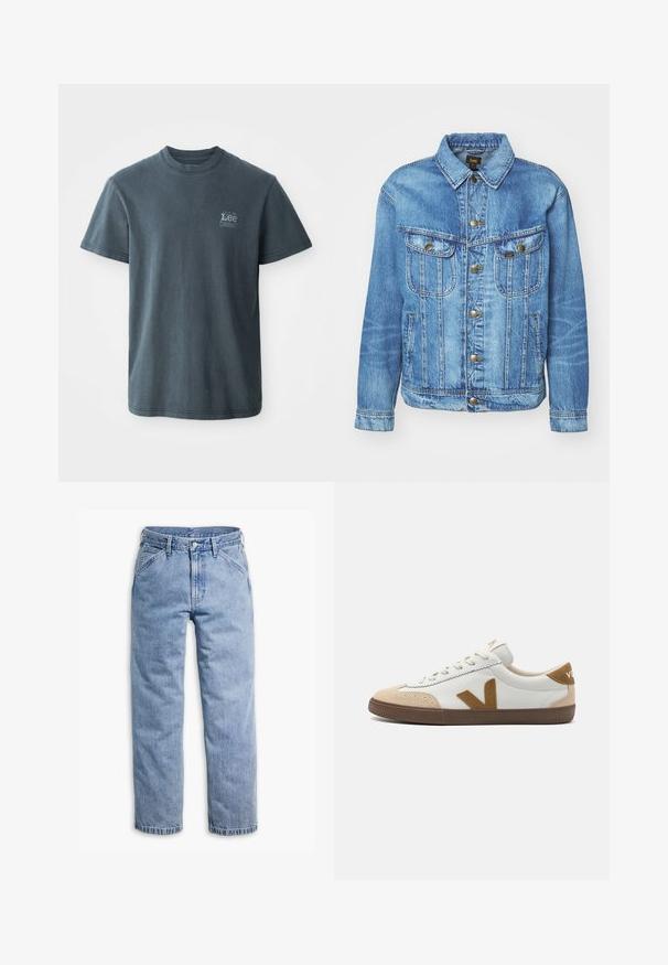 Lyseblå denimjakke med klassisk design, der har knaplukning, to brystlommer og en krave. Blød tekstur, afslappet stil.; Mørkegrå bomulds T-shirt med rund hals, korte ærmer og et lille trykt logo på venstre side. Klassisk pasform med lige kant.; Lyseblå straight-leg denimjeans med forreste knap- og lynlås, bæltestropper og skrå forlommer.; Hvide sneakers med tan ruskindsdetaljer, der har en tekstureret brun gummisål, snørelukning og et logo på hælen.