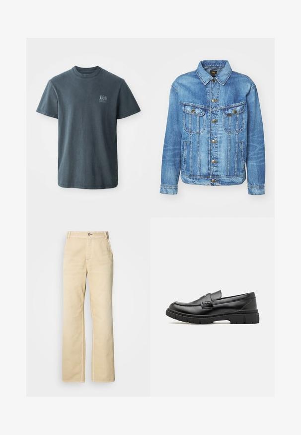 Hellblauer Denimjacke im klassischen Design, mit Knopfverschluss, zwei Brusttaschen und einem Kragen. Weiche Textur, lässiger Stil.; Dunkelgraues Baumwoll-T-Shirt mit Rundhalsausschnitt, kurzen Ärmeln und einem kleinen aufgedruckten Logo auf der linken Seite. Klassische Passform mit geradem Saum.; Khakifarbene Hose mit weitem Bein aus weicher Baumwolle, ausgestattet mit einem einzelnen Knopfverschluss, vorderen Taschen und sichtbaren Nähten entlang der Säume.; Schwarze Lederloafer mit einem breiten Riemen über dem Rist, Gummisohle mit dicken Profilen und glatter Textur. Klassisches, schlankes Design.