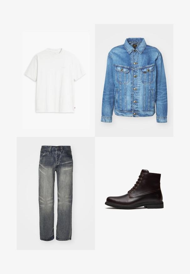 Veste en denim bleu clair au design classique, avec fermeture à boutons, deux poches poitrine et col classique. Texture douce, style décontracté.; T-shirt en coton blanc à manches courtes, col rond, avec un logo "Levi's" discret imprimé en couleur claire sur le devant.; Jean en denim bleu foncé avec une coupe décontractée, présentant des zones de décoloration, cinq poches et une fermeture à bouton. Design à jambe droite ; tissu texturé.; Bottine en cuir marron foncé à lacets avec semelle en caoutchouc et logo embossé subtil près du talon, vue de côté extérieur.