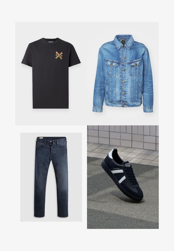 Hellblauer Denimjacke im klassischen Design, mit Knopfverschluss, zwei Brusttaschen und einem Kragen. Weiche Textur, lässiger Stil.; Schwarzes Baumwoll-T-Shirt mit einem grafischen Design in Orange, das die Worte "ELEMENT" und "REMEMBER" in einem Kreuzmuster auf der Brust zeigt.; Dunkelblaue Denim-Jeans mit geradem Bein, ausgestattet mit einem Reißverschluss, Metallknöpfen und Kupfernieten. Glatte Textur, keine sichtbaren Muster.; Schwarze Leder-Sneaker mit weißen Streifen, strukturiertem Gummisohle und Schnürung. Verfügt über ein Markenetikett auf der Zunge.