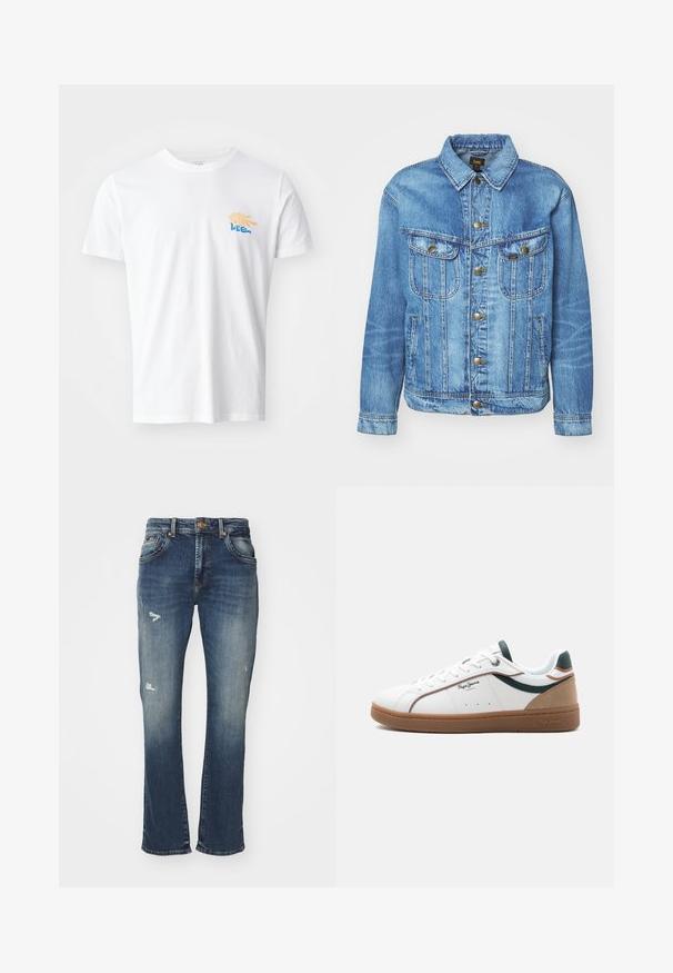 Hellblauer Denimjacke im klassischen Design, mit Knopfverschluss, zwei Brusttaschen und einem Kragen. Weiche Textur, lässiger Stil.; Weißes Baumwoll-T-Shirt mit rundem Halsausschnitt und kurzen Ärmeln. Es verfügt über eine farbenfrohe Grafik mit gelben und blauen Elementen auf der Brust.; Bootcut-Jeans aus dunkelblauem Denim mit einem verblassten Finish, mit Abnutzungen an der Vorderseite, Fünf-Taschen-Design und einem Bund mit Knopfverschluss.; Weißer Sneaker mit niedriger Schafthöhe, brauner Sohle, grünen und beigen Akzenten, weißen Schnürsenkeln und dem Logo "Pepe Jeans London" an der Seite.