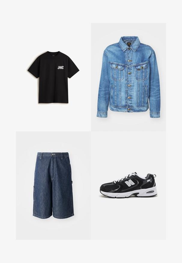 Lyseblå denimjakke med klassisk design, der har knaplukning, to brystlommer og en krave. Blød tekstur, afslappet stil.; Vans CHAOS - T-shirts print - black; Mørkeblå denimshorts med lige skæring, fem lommer og synlige sømme. Har en knaplukning og bæltestropper.; Sorte og grå sportssko med mesh og ruskind på overdelen, der har en hvid mellemsål, snørebånd og et iøjnefaldende "N" logo på siden.