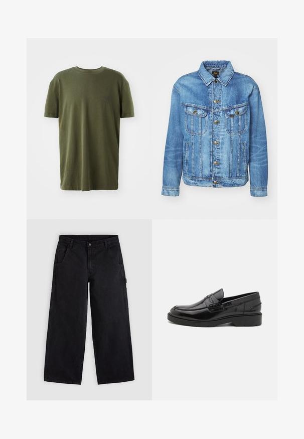 Veste en denim bleu clair au design classique, avec fermeture à boutons, deux poches poitrine et col classique. Texture douce, style décontracté.; T-shirt vert olive en coton, à manches courtes, col rond, avec un petit logo imprimé en bleu foncé sur la poitrine gauche.; Pantalon de travail noir à jambes larges avec passants de ceinture, poches avant et fermeture par bouton, présenté sur un fond clair uni.; Mocassins en cuir noir avec une finition lisse, un bout rond, un petit talon et descoutures décoratives à l'avant. Semelle en caoutchouc pour l'adhérence.