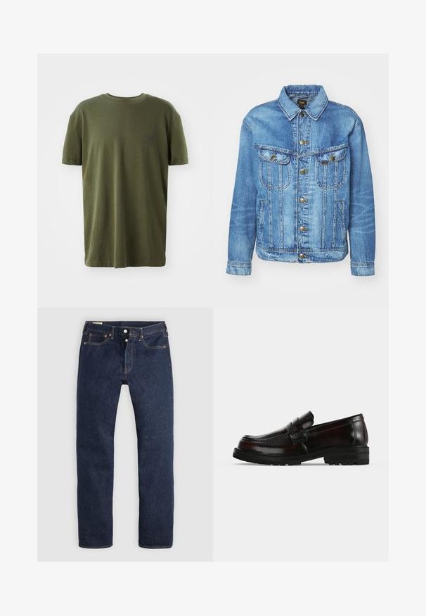 Veste en denim bleu clair au design classique, avec fermeture à boutons, deux poches poitrine et col classique. Texture douce, style décontracté.; T-shirt vert olive en coton, à manches courtes, col rond, avec un petit logo imprimé en bleu foncé sur la poitrine gauche.; Jean droit bleu foncé avec braguette à boutons, poches avant et arrière, et surpiqûres contrastantes, posé à plat sur un fond clair.; Mocassin noir en cuir avec bride penny, bout arrondi et semelle robuste, vu de côté sur fond blanc.