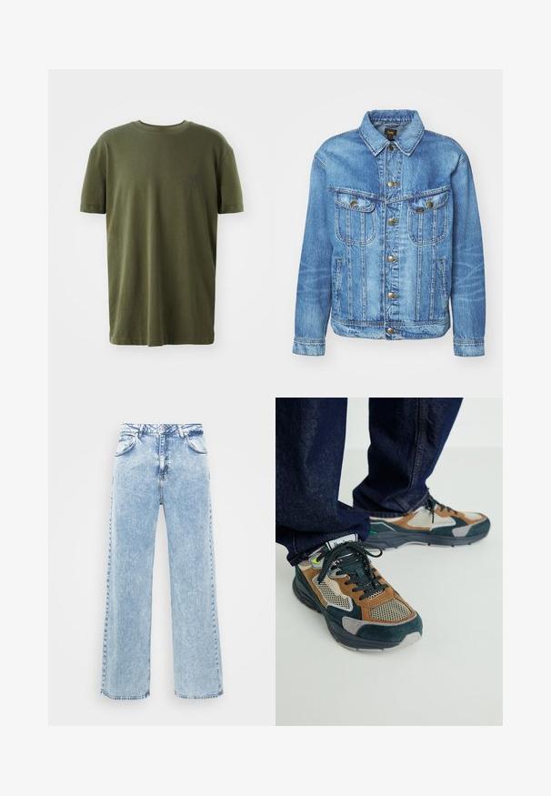 Chaqueta de mezclilla azul claro con un diseño clásico, con cierre de botones, dos bolsillos en el pecho y cuello con solapa. Textura suave, estilo casual.; Camiseta de color verde oliva en algodón, con mangas cortas, cuello redondo y un pequeño logo impreso en azul oscuro en el lado izquierdo del pecho.; Jeans de denim azul claro con un diseño de pierna ancha, cinco bolsillos y un cierre de botón. Presenta un desgaste sutil y costuras en contraste.; Zapatillas multicolores que combinan materiales de ante y malla, con acentos en gris, marrón y verde, y una suela texturizada.
