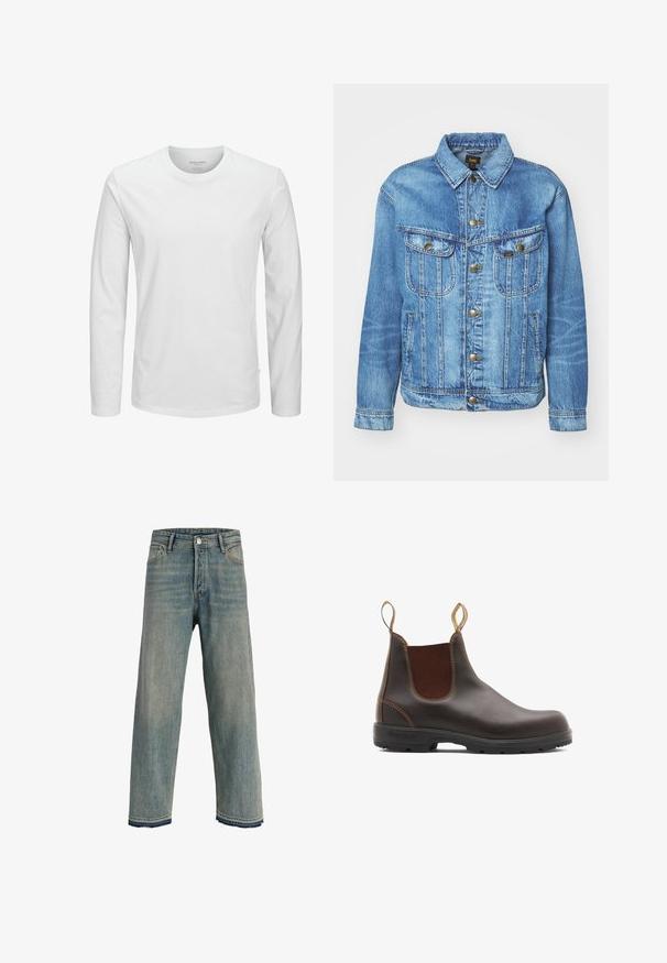 Chaqueta de mezclilla azul claro con un diseño clásico, con cierre de botones, dos bolsillos en el pecho y cuello con solapa. Textura suave, estilo casual.; Camiseta blanca de manga larga confeccionada en algodón. Presenta un cuello redondo, corte regular y una etiqueta de marca sutil en el costado. Textura suave.; Vaqueros de pierna recta azul claro con cintura alta, diseño de cinco bolsillos, cierre de botón y cremallera, y dobladillos deshilachados con detalle de costuras oscuras.; Botas Chelsea de cuero marrón con paneles laterales elásticos y tiradores. Parte superior texturizada, suela de goma duradera y detalle de costura en contraste.