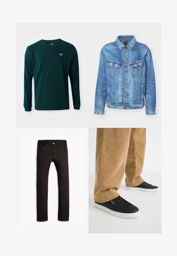 Lyseblå denimjakke med klassisk design, der har knaplukning, to brystlommer og en krave. Blød tekstur, afslappet stil.; Langærmet T-shirt i mørkegrøn bomuld med rund hals og et lille hvidt logo på venstre bryst. Glat tekstur, afslappet pasform.; Sorte slim-fit jeans med fem lommer og knaplukning, præsenteret fladt på en hvid baggrund.; Sorte lædersneakers med hvide gummisåler. Båret med tanfarvede corduroybukser med vertikale ribber og en afslappet pasform.