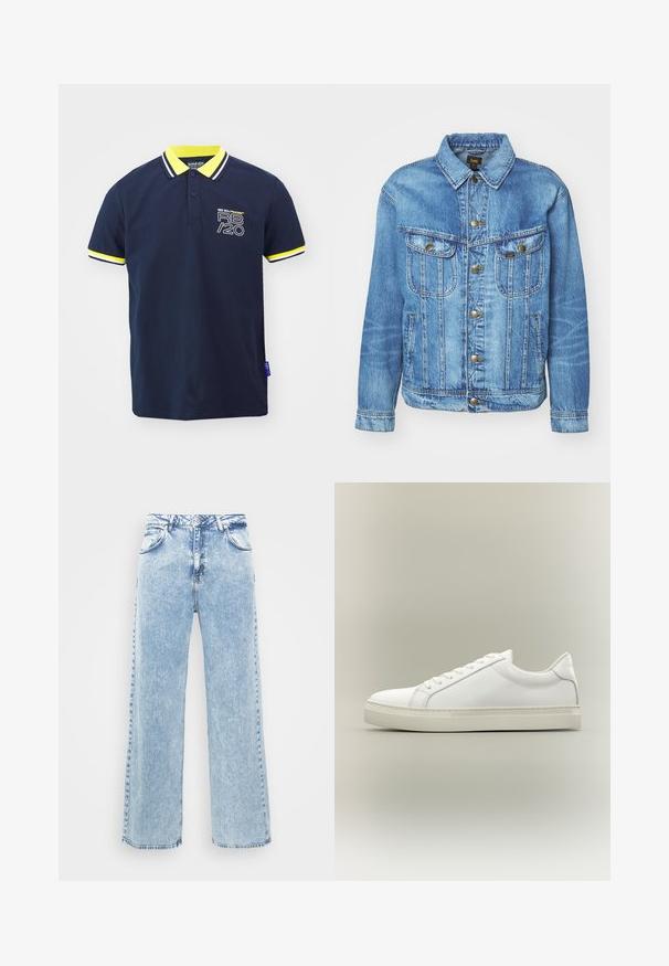 Lyseblå denimjakke med klassisk design, der har knaplukning, to brystlommer og en krave. Blød tekstur, afslappet stil.; Mørkeblå polo shirt med gul og hvid stribet krave og ærmeaccent. Har Red Bull Racing-logoet på forsiden. Kortærmet design.; Lyseblå denimjeans med vid ben-design, fem lommer og knaplukning. Har diskrete falmninger og kontrastsyet.; Hvid lavtop sneaker med snørebånd foran og tyk sål, vist fra siden mod en neutral baggrund.