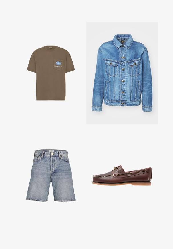 Veste en denim bleu clair au design classique, avec fermeture à boutons, deux poches poitrine et col classique. Texture douce, style décontracté.; T-shirt en coton marron avec une poche poitrine ornée d'un texte brodé en bleu et blanc "SoulScape Out of office since '99". Coupe classique, manches courtes.; Shorts en denim bleu clair avec une coupe décontractée, dotés d'une fermeture à bouton, d'un design cinq poches et de surpiqûres contrastantes le long des bords.; Chaussure bateau en cuir marron avec coutures blanches, détails de lacets et semelle en caoutchouc beige, vue de côté sur fond blanc.