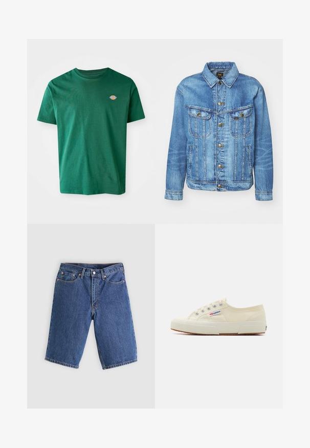 Lyseblå denimjakke med klassisk design, der har knaplukning, to brystlommer og en krave. Blød tekstur, afslappet stil.; Grøn bomulds T-shirt med rund halsudskæring, korte ærmer og et lille multicolor logo på venstre bryst. Blød tekstur, afslappet design.; Blå denim knælange shorts med forreste knap og lynlås, bæltestropper og fem-lomme design, lagt fladt på en lys baggrund.; Beige lærredssneaker med et lavprofildesign, metaløjet og gummisål. Har et tekstureret mønster og logodetalje på siden.