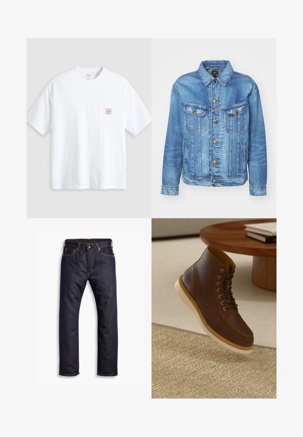Lichtblauwe denimjas met een klassiek ontwerp, voorzien van een knoopsluiting, twee borstzakken en een kraag. Zachte textuur, casual stijl.; Witte T-shirt met korte mouwen en ronde hals, met een klein borstzakje aan de voorkant met een beige en rood rechthoekig label.; Donkerblauwe recht gesneden denim jeans met vijf zakken en oranje contrasterende stiknaden, plat gelegd op een witte achtergrond.; Bruine leren enkelboot met beige zool op een gestructureerd beige vloerkleed naast een ronde houten tafel met opgestapelde boeken.