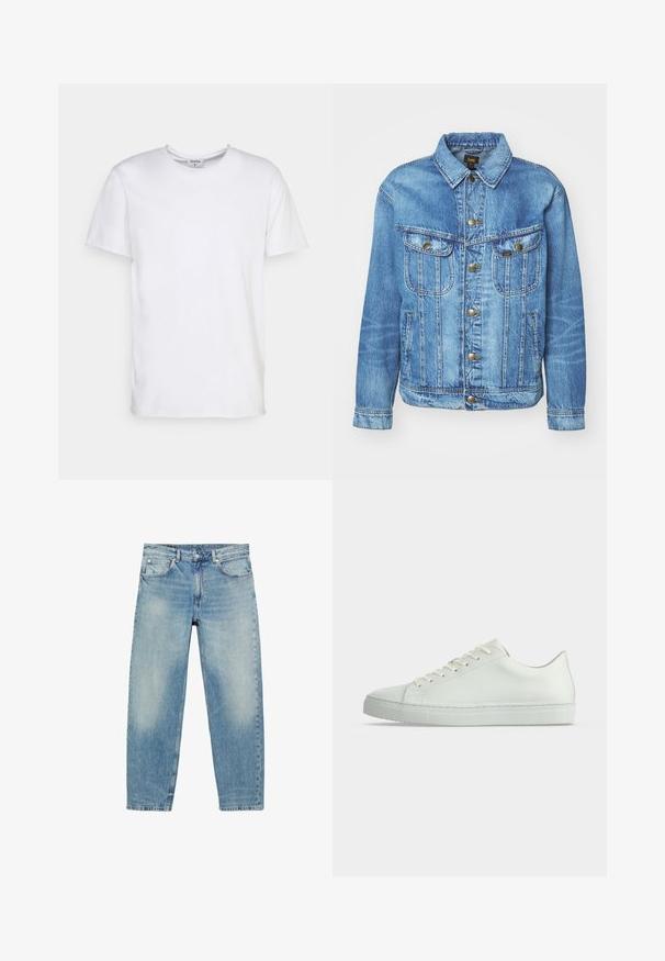 Lyseblå denimjakke med klassisk design, der har knaplukning, to brystlommer og en krave. Blød tekstur, afslappet stil.; Hvid kortærmet t-shirt lavet af bomuld. Har en rund halsudskæring og en afslappet pasform uden synlige mønstre eller detaljer.; Blå straight-leg denim jeans med forlommer og bæltestropper, der viser let falmede detaljer på lår og knæ.; Hvid lavtop sneakers med snørebånd, glat læderoverdel og flad gummisål vist fra siden på en ensfarvet baggrund.