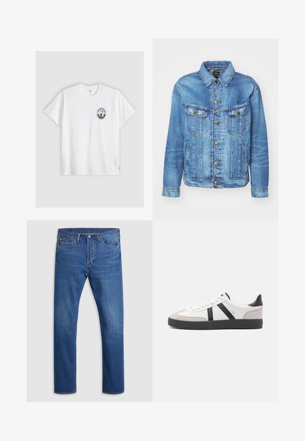 Lyseblå denimjakke med klassisk design, der har knaplukning, to brystlommer og en krave. Blød tekstur, afslappet stil.; Hvid bomulds t-shirt med korte ærmer, rund hals og et sort cirkulært logo på venstre bryst med et stiliseret design.; Blå lige jeans med frontknap og lynlås, fem lommer, og let falmning på lårene, vist fladt på en lys baggrund.; Hvide sneakers med sorte og grå detaljer, med en tekstureret grå tåhætte, sort gummisål og flade hvide snørebånd. Rent design, minimalistisk stil.