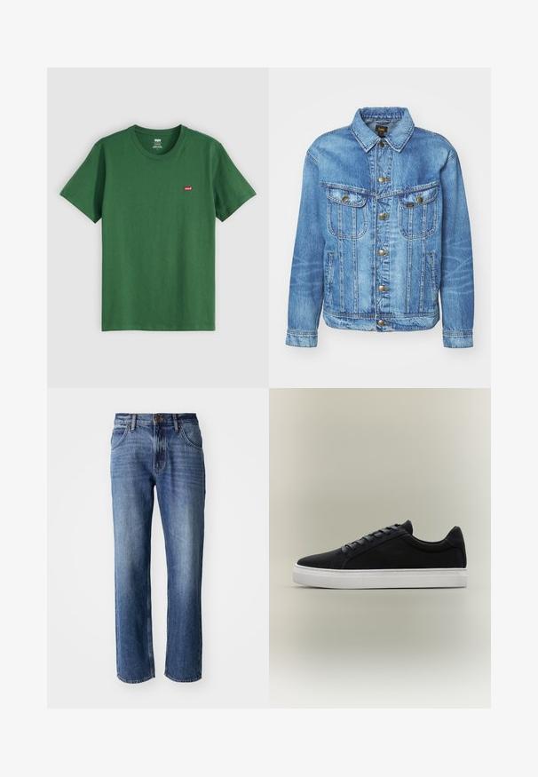 Hellblauer Denimjacke im klassischen Design, mit Knopfverschluss, zwei Brusttaschen und einem Kragen. Weiche Textur, lässiger Stil.; Grünes Baumwoll-T-Shirt mit Rundhalsausschnitt, kurzen Ärmeln und einem kleinen roten Levi's-Logo auf der linken Brust. Weicher Stoff, normale Passform.; Lee HADEN RELAXED STRAIGHT - Jeans Relaxed Fit - cruise control; Schwarzer Low-Top-Sneaker mit weißer Gummisohle, Schnürdesign und gepolstertem Kragen, dargestellt auf neutral grauem Hintergrund.