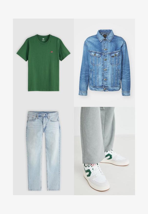 Lyseblå denimjakke med klassisk design, der har knaplukning, to brystlommer og en krave. Blød tekstur, afslappet stil.; Grøn bomulds t-shirt med rund hals, korte ærmer og et lille rødt Levi's-logo på venstre bryst. Blød tekstur, standard pasform.; Lyseblå jeans med lige ben, frontlås med knap og lynlås, lommer foran og bagpå samt synlige sømdetaljer.; Hvide og grønne sneakers med glat læder og ruskindsmaterialer, der har en fremtrædende grøn logo-accents og hvide snørebånd. Grå bukser er delvist synlige.