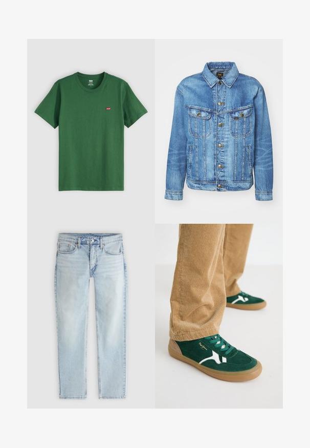 Lyseblå denimjakke med klassisk design, der har knaplukning, to brystlommer og en krave. Blød tekstur, afslappet stil.; Grøn bomulds t-shirt med rund hals, korte ærmer og et lille rødt Levi's-logo på venstre bryst. Blød tekstur, standard pasform.; Lyseblå jeans med lige ben, frontlås med knap og lynlås, lommer foran og bagpå samt synlige sømdetaljer.; Grønne svineder sko med hvide accenter og grønne snørebånd. Gummisål, rund tå og tan detaljer på hælen. Båret med fløjl bukser.