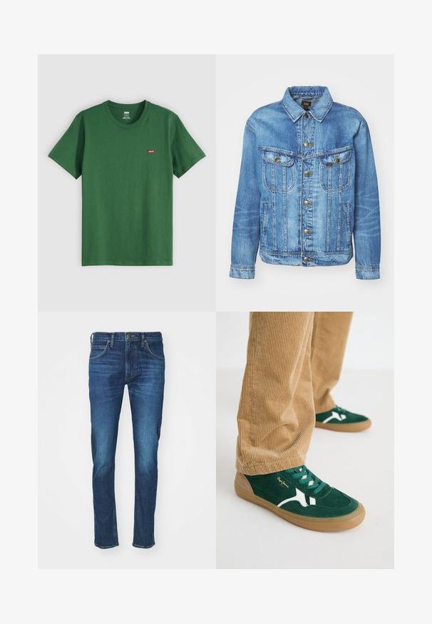 Lyseblå denimjakke med klassisk design, der har knaplukning, to brystlommer og en krave. Blød tekstur, afslappet stil.; Grøn bomulds t-shirt med rund hals, korte ærmer og et lille rødt Levi's-logo på venstre bryst. Blød tekstur, standard pasform.; Mørkeblå denimjeans med klassisk design med fem lommer, lige ben og let falmning på lårene. Metalaccenter ved taljen.; Grønne svineder sko med hvide accenter og grønne snørebånd. Gummisål, rund tå og tan detaljer på hælen. Båret med fløjl bukser.