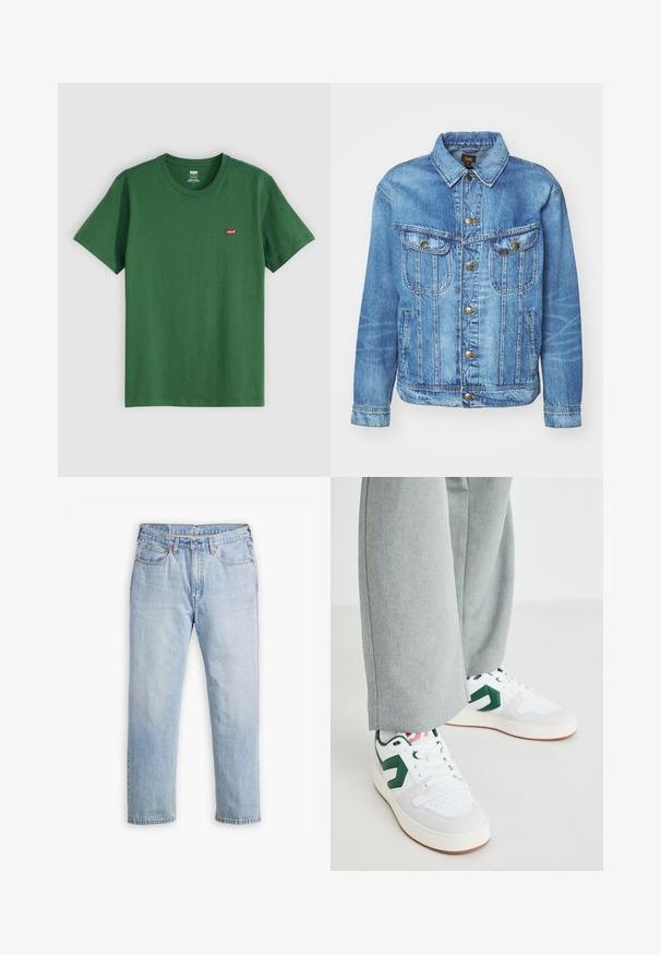 Hellblauer Denimjacke im klassischen Design, mit Knopfverschluss, zwei Brusttaschen und einem Kragen. Weiche Textur, lässiger Stil.; Grünes Baumwoll-T-Shirt mit Rundhalsausschnitt, kurzen Ärmeln und einem kleinen roten Levi's-Logo auf der linken Brust. Weicher Stoff, normale Passform.; Helle blaue Denim-Jeans mit geradem Bein, im Fünf-Taschen-Stil und kontrastierenden Nähten. Knopf- und Reißverschluss an der Taille.; Weiße und grüne Sneakers aus glattem Leder und Wildleder, mit einem auffälligen grünen Logo-Akzent und weißen Schnürsenkeln. Graue Hosen sind teilweise sichtbar.