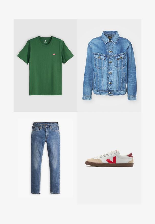 Lyseblå denimjakke med klassisk design, der har knaplukning, to brystlommer og en krave. Blød tekstur, afslappet stil.; Grøn bomulds t-shirt med rund hals, korte ærmer og et lille rødt Levi's-logo på venstre bryst. Blød tekstur, standard pasform.; Blå slim-fit denim jeans med fem lommer og knaplukning, med let fading på lår og knæ, præsenteret på hvid baggrund.; Hvide lædersneakers med rød V-logo, beige ruskind toe cap og brun gummisål. Har klassisk snørelukning og polstret krave.