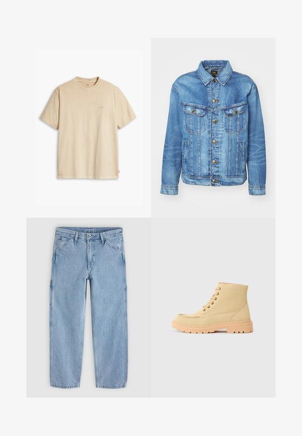 Hellblauer Denimjacke im klassischen Design, mit Knopfverschluss, zwei Brusttaschen und einem Kragen. Weiche Textur, lässiger Stil.; Beige Baumwoll-T-Shirt mit Rundhalsausschnitt und kurzen Ärmeln. Verfügt über ein dezentes "Levi's"-Logo in der gleichen Farbe auf der Brust. Weiche Textur.; Hellblaue Jeans mit geradem Bein, vorderem Knopf, Reißverschluss, Gürtelschlaufen und schrägen Vordertaschen auf einfarbigem Hintergrund.; Beige Wildleder-Ankle Boots mit einer beigen Gummisohle, die ein Schnürdesign und sichtbare Nähte entlang der Kanten aufweisen.