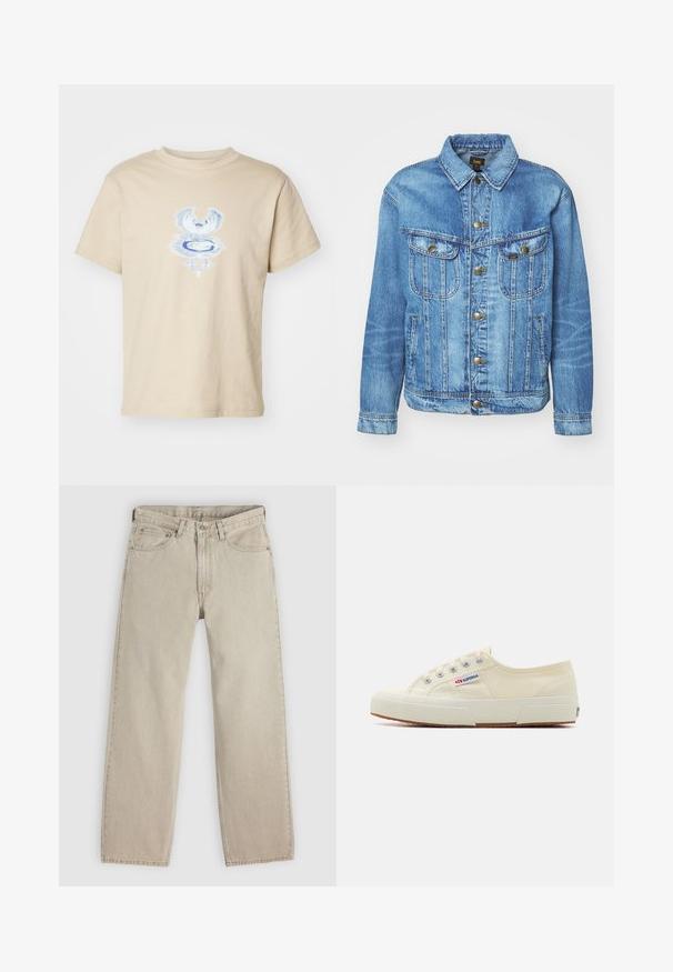 Veste en denim bleu clair au design classique, avec fermeture à boutons, deux poches poitrine et col classique. Texture douce, style décontracté.; Weekday BOXY GRAPHIC TEE - T-shirt imprimé - beige; Jean en denim beige à coupe ample, doté de cinq poches, d'une fermeture boutonnée et à glissière, avec des surpiqûres visibles le long des coutures.; Baskets en toile beige au design épuré, œillets en métal et semelle en caoutchouc. Présente un motif texturé et un détail de logo sur le côté.