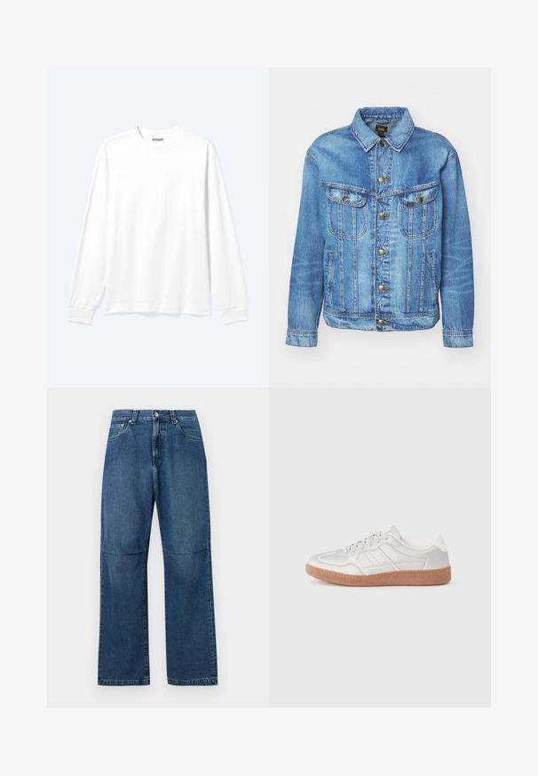 Chaqueta de mezclilla azul claro con un diseño clásico, con cierre de botones, dos bolsillos en el pecho y cuello con solapa. Textura suave, estilo casual.; Camisa blanca lisa de manga larga con cuello redondo y puños acanalados, mostrada sobre un fondo claro y neutro.; Vaqueros denim azul de pierna recta con cintura alta, cierre delantero con botón y cremallera, y bolsillos delanteros y traseros.; Zapatillas plateadas con una textura suave, diseño de cordones, acentos perforados y una suela de goma marrón texturizada.