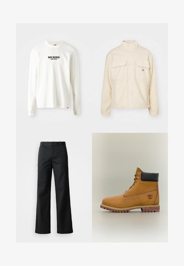 Crème-kleurige fleece jas met een gladde bovenkant en een gestructureerde sherpa onderkant. Voorzien van twee borstzakken en een voorkant met drukknoopsluiting.; Witte lange mouw geribbelde sweatshirt met een zwart logo "DICKIES" en "SINCE '22" eronder, ronde hals en manchetten.; Zwarte wijde broek van een soepele stof. Voorzien van een knoopsluiting, riemlussen en zijzakken. Strakke, op maat gemaakte silhouet.; Bruine leren enkellaars met zwarte kraag, gele veters en een zandkleurige zool. Voorzien van een logo en witte stikseldetails. Robuuste loopzool met grip.