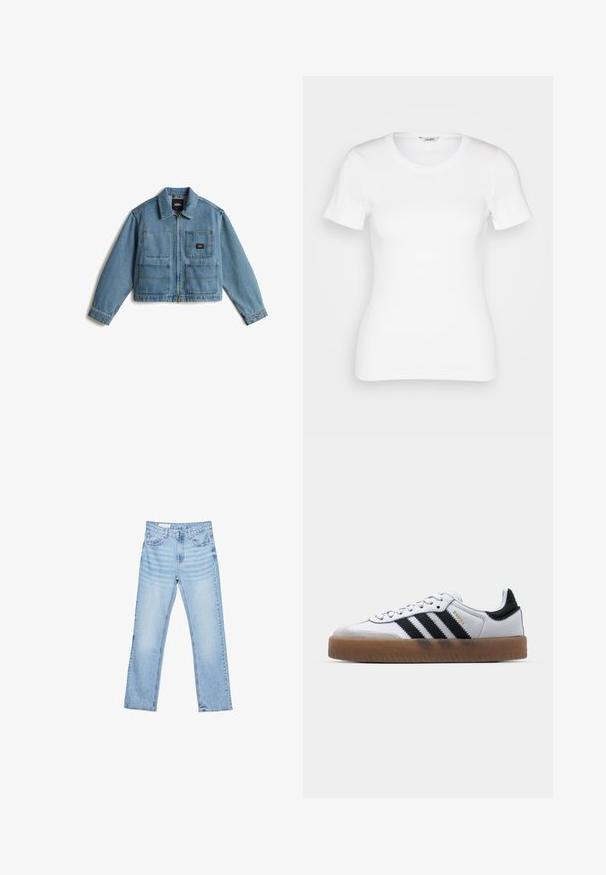Lyseblå denimjakke med krave, lynlås foran og to store brystlommer. Har Vans-mærkning på den ene lomme.; Hvid bomulds T-shirt med korte ærmer, rund halsudskæring og ribbet tekstur. Tætsiddende design med en glat, ren finish.; Lyseblå denimjeans med lige pasform, fem-lomme-design og synlig syning. Mellem-høj talje med klassisk knap- og lynlåslukning.; Hvide lædersneakers med sorte striber, gummirubber sål, rund tå, snørelukning og blød grå ruskinds tåhætte.