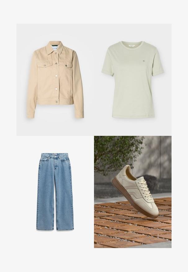 Beige spijkerjasje met een kraag, twee borstzakken, zilveren knopen en lange mouwen. Klassiek spijkerdesign met een gestructureerde afwerking.; Lichtgroen katoenen T-shirt met korte mouwen, ronde hals en klein geborduurd logo op de linkerborst.; Lichtblauwe spijkerbroek met een wijde pijp, knopen en ritssluiting aan de voorkant, en een vijfzakkenmodel.; Sneaker in roomkleur met een gestructureerde beige rubberen zool, vetersluiting en subtiele merkdetails aan de zijkant. Bovenwerk van glad leer.