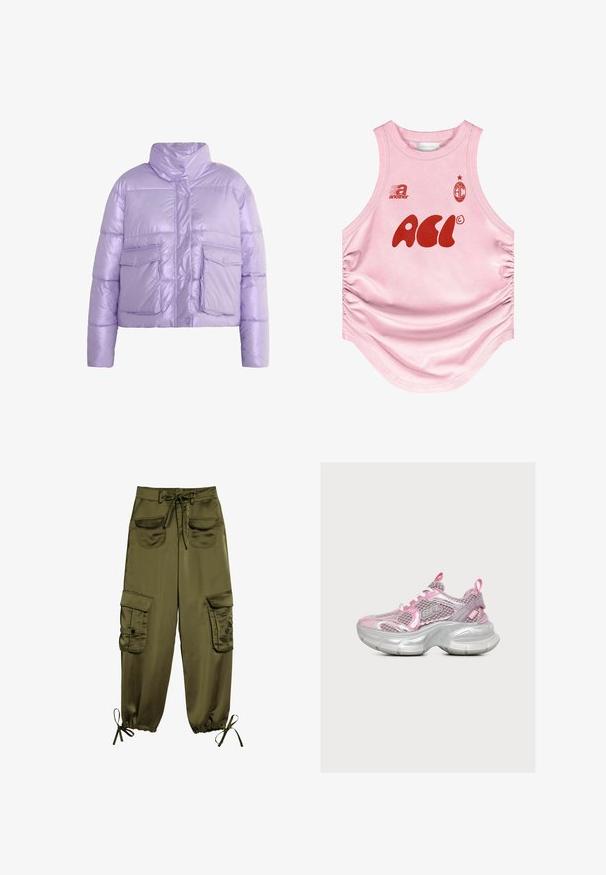 Lilla dunjakke med høj krave, trykknaplukning og to forlommer. Glat, blank overflade med quiltede puffer.; Lyserød ærmeløs top med rød "ACL"-logo, teksten "another" og et ovalt emblem med "ACL" og "2023" med en stjerne over.; Olivenfarvede cargo bukser lavet af glat stof, med to frontlommer, justerbar talje bånd og elastiske manchetter med snore ved anklerne.; Pink og sølv sports-sneaker med tyk sål, mesh og metalliske detaljer, hvide snørebånd og "BFL" logo på siden.
