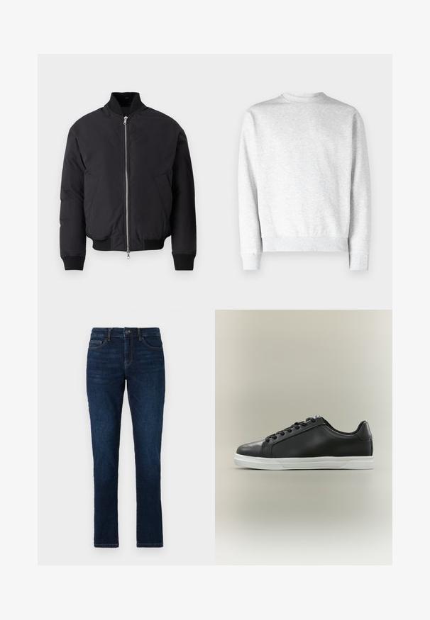 Sort bomberjakke med høj krave, lynlås fortil, to sidelommer, ribstrikkede manchetter og kant. Glat, mat finish på stoffet.; Lys grå crewneck sweatshirt lavet af blødt fleece-materiale, med ribbestrikkede manchetter og kant, samt en glat, tekstureret overflade.; Mørkeblå denimjeans med slim fit, standard fem lomme-design og lukning med knap og lynlås. Glat tekstur med minimal falming.; Sort lav sneakersko med hvid gummisål og sorte snørebånd, vist i sideprofil på lys beige baggrund.