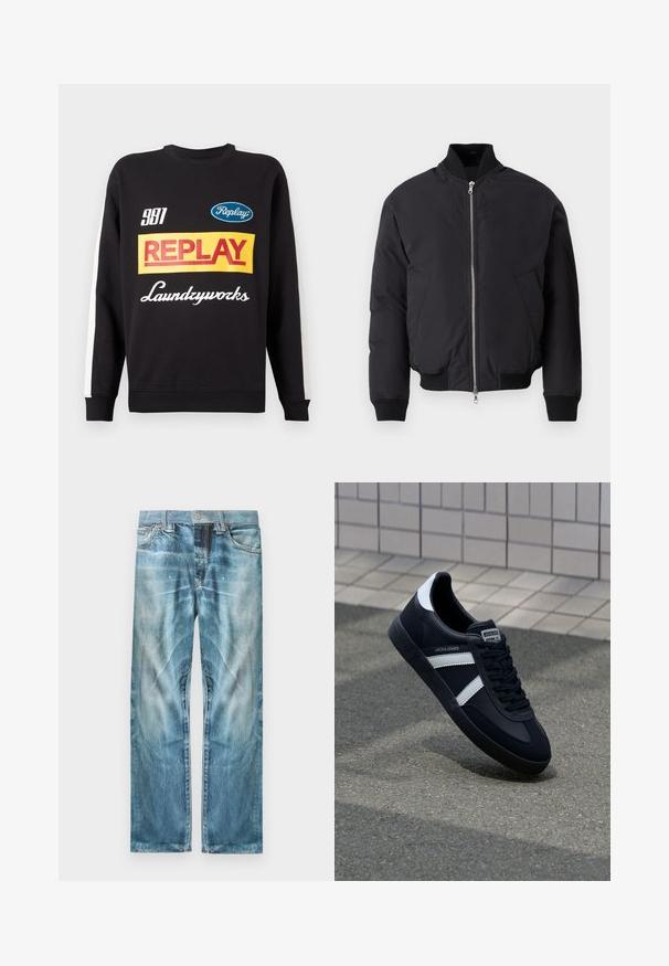 Sort bomberjakke med høj krave, lynlås fortil, to sidelommer, ribstrikkede manchetter og kant. Glat, mat finish på stoffet.; Sort crewneck sweatshirt med hvide striber på ærmerne, med flerfarvede "Replay" og "Laundryworks" tekstlogoer på fronten.; Lyseblå falmede denimjeans med lige ben, forlommer, bæltestropper og knaplukning.; Sort lædersneaker med hvide striber, tekstureret gummisål og snørrebånd foran. Har et brandet mærke på tungen.